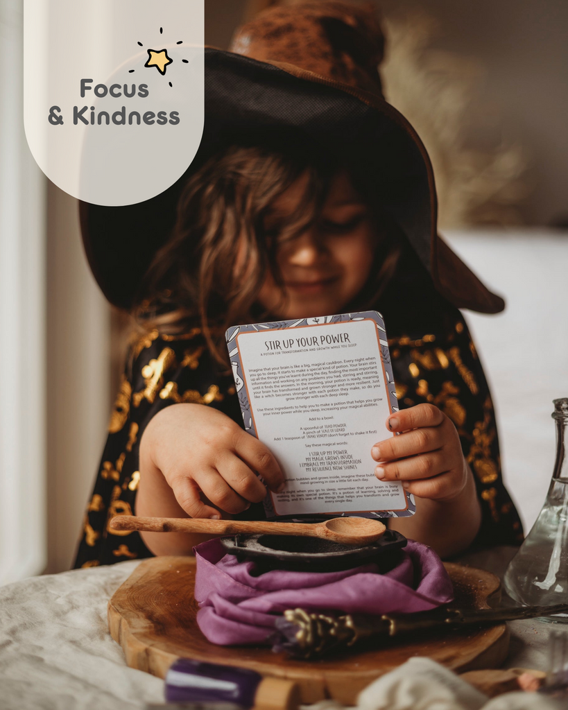 Hocus Pocus potion kit about wizards. A Chdil sitting with a wizard hat, reading a potion card. Stir up your powers!